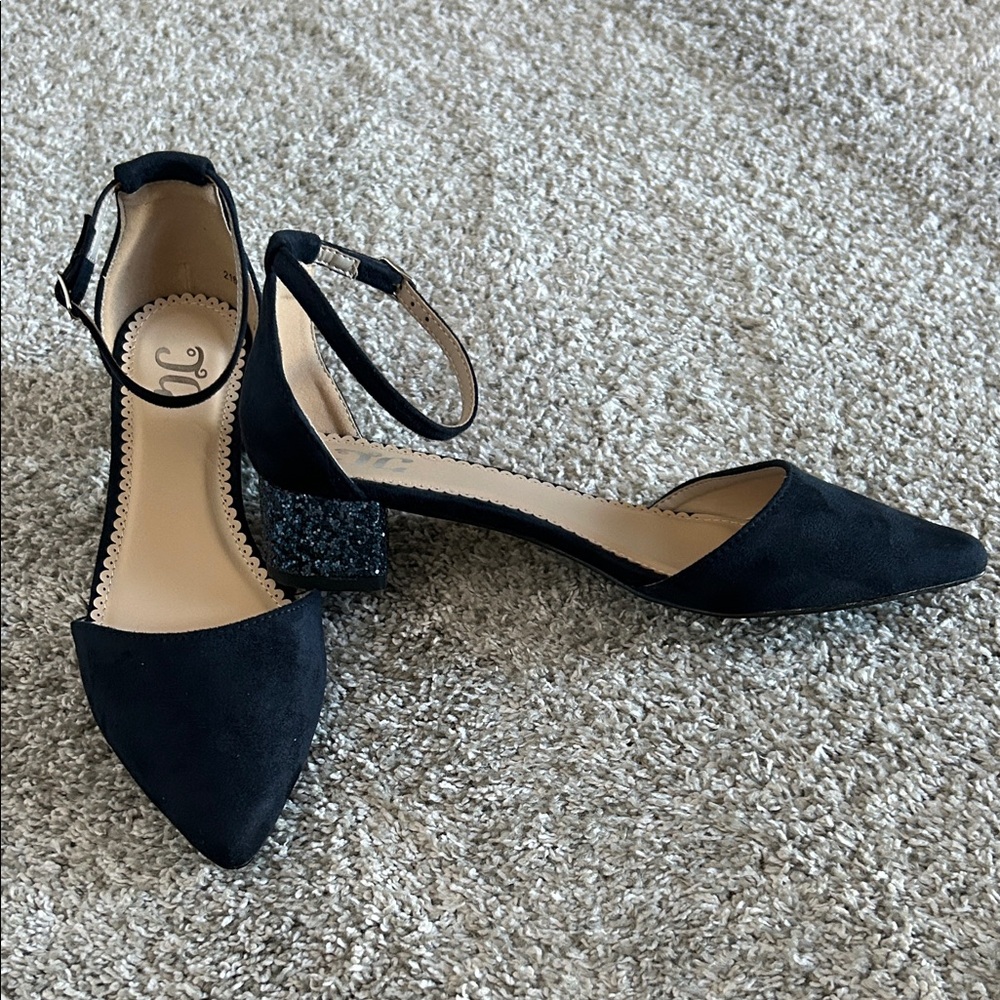 NWOT Navy Blue Ankle Strap shoes with Glitter block heel
